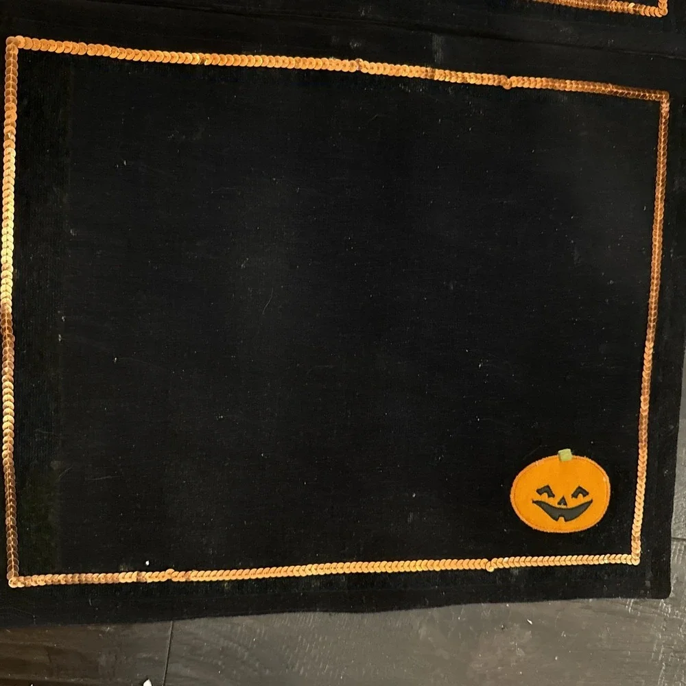 Halloween Black Velvet Orange Sequins‎ Placemats Pumpkins Set Of 4